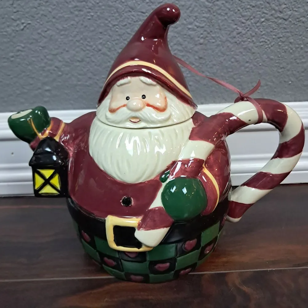 Vintage Christmas Santa Teapot Candy Cane Handle Ceramic Holiday Tea Pot Lantern